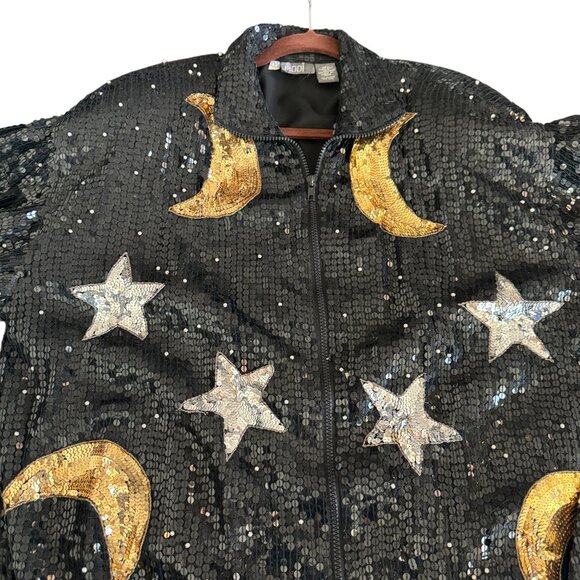 Vintage Modi Black 100% Silk Sequin Full Zip Up Jacket Moon & Star, Size 6-8 - Picture 4 of 7